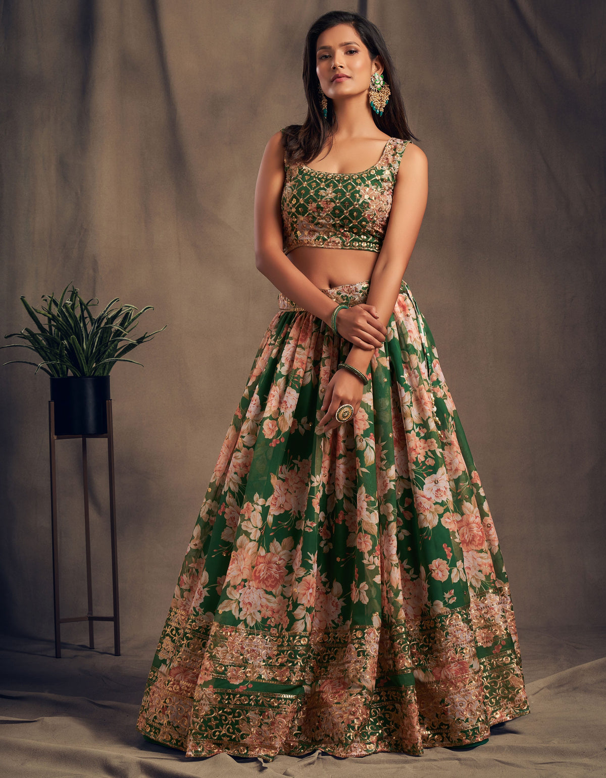 Emerald Green Floral Lehenga Choli with Peach Embroidered Dupatta