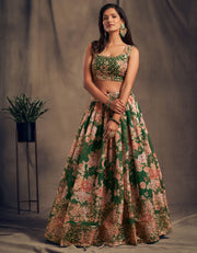Emerald Green Floral Lehenga Choli with Peach Embroidered Dupatta