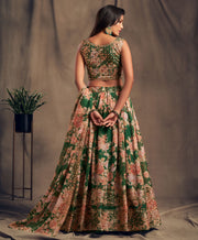 Emerald Green Floral Lehenga Choli with Peach Embroidered Dupatta