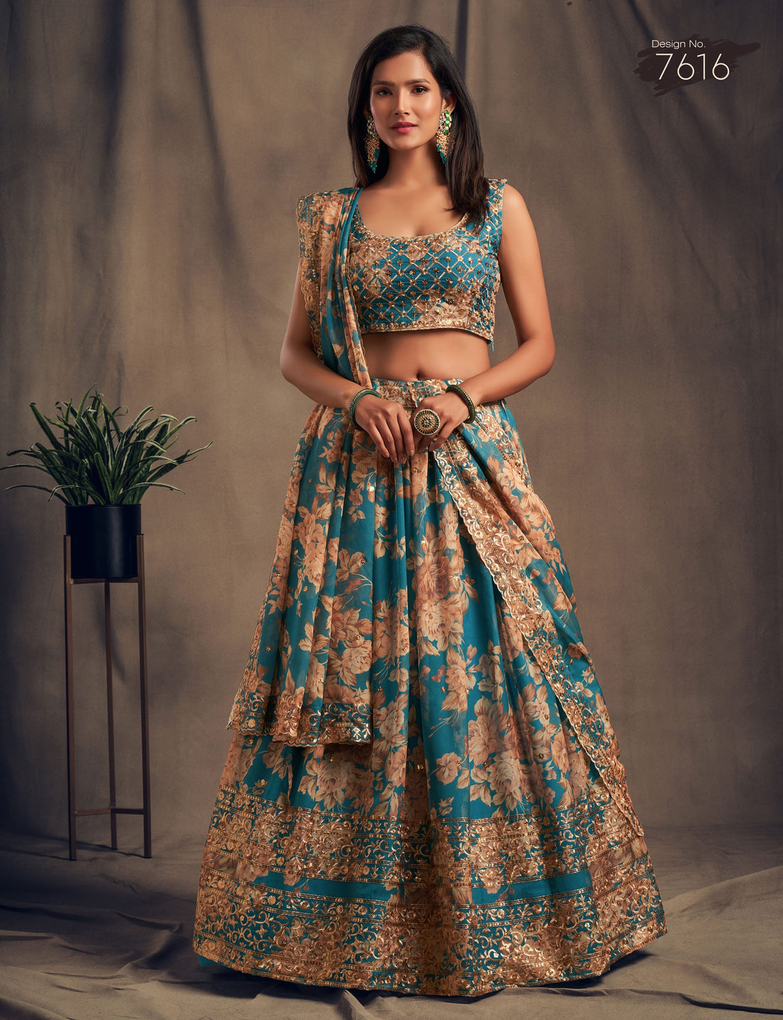 Teal Blue Floral Lehenga Choli with Gold Embroidery