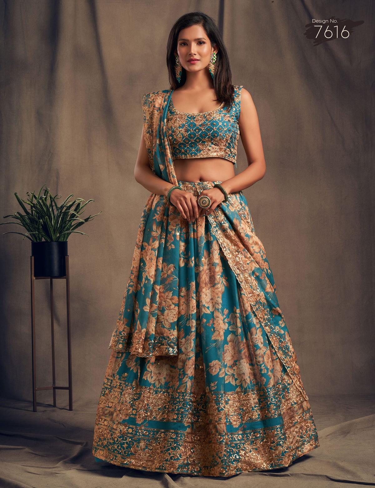 Teal Blue Floral Lehenga Choli with Gold Embroidery
