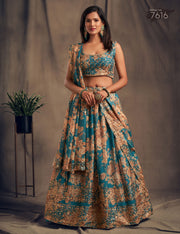 Teal Blue Floral Lehenga Choli with Gold Embroidery