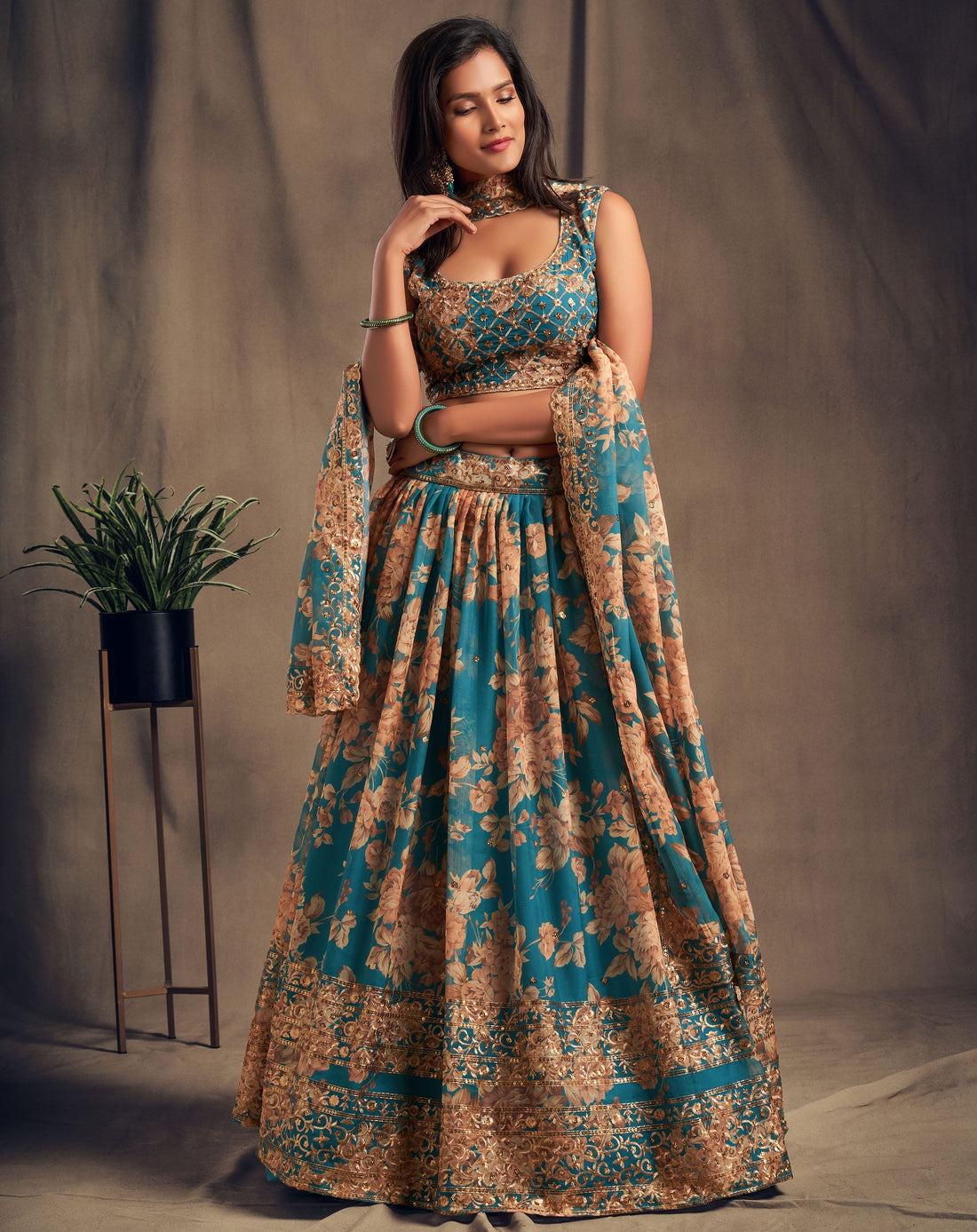 Teal Blue Floral Lehenga Choli with Gold Embroidery