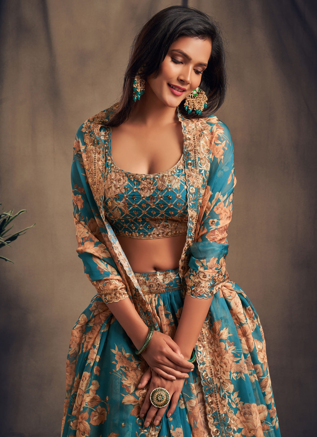 Teal Blue Floral Lehenga Choli with Gold Embroidery