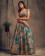 Teal Blue Floral Lehenga Choli with Gold Embroidery