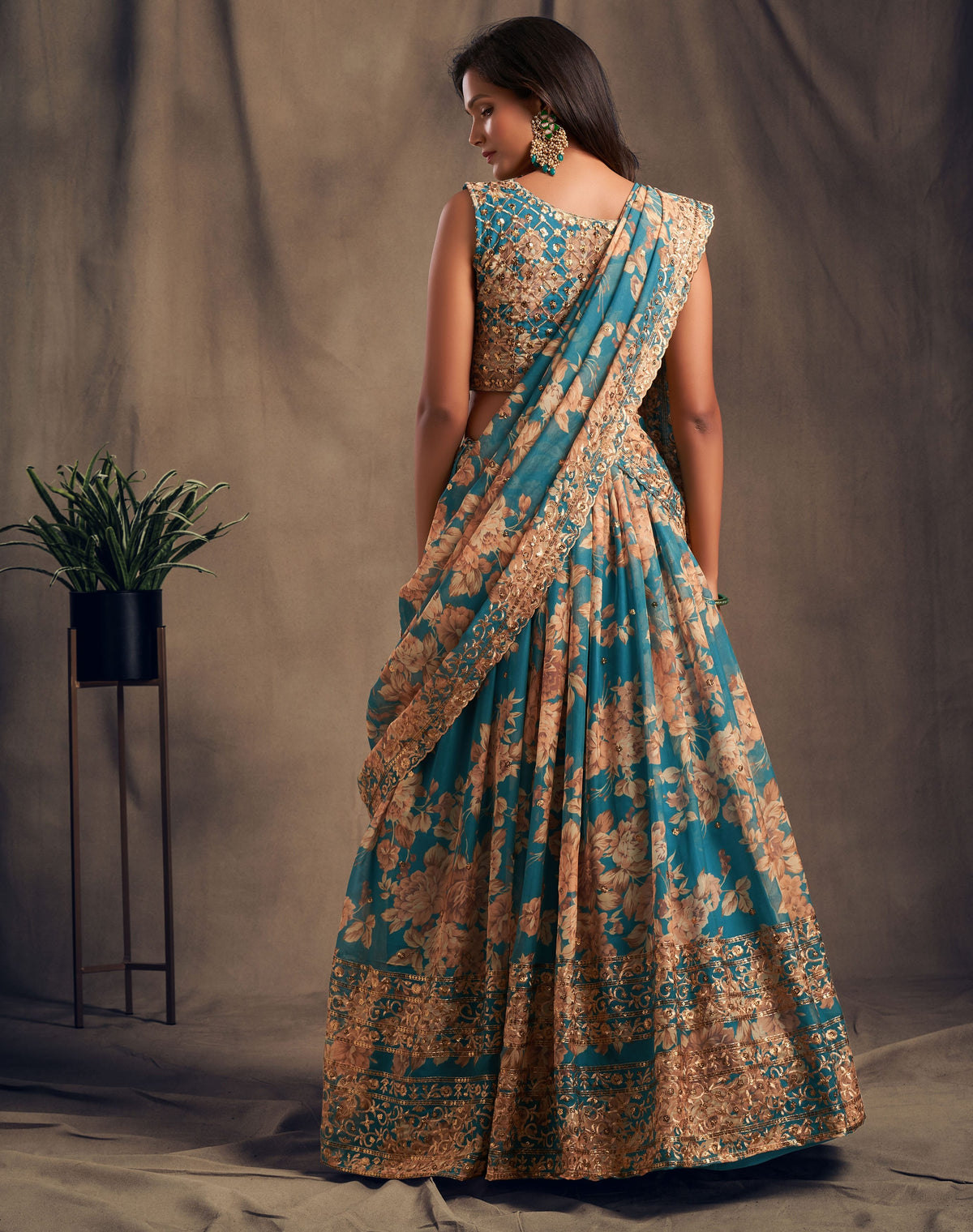 Teal Blue Floral Lehenga Choli with Gold Embroidery