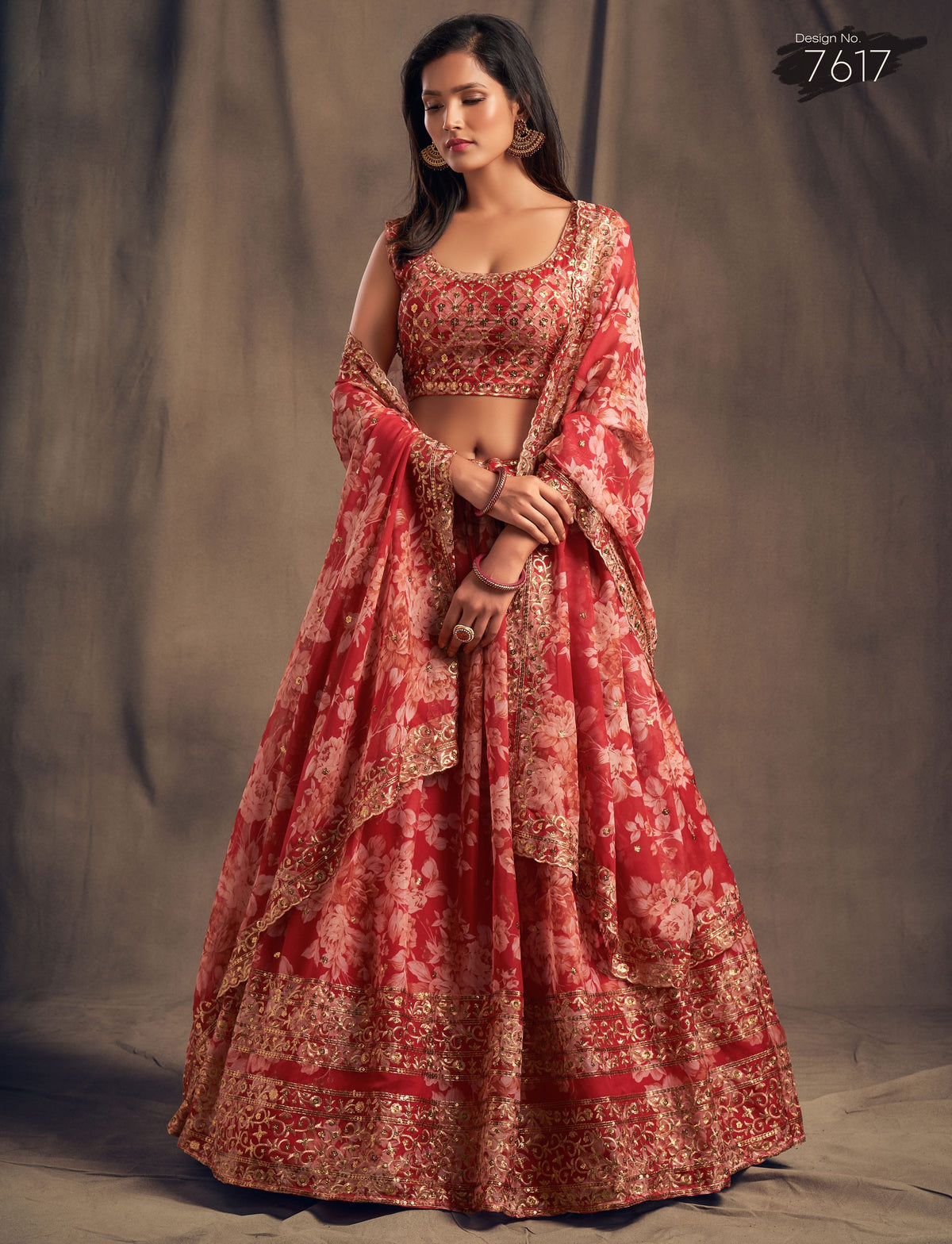 Coral Pink Floral Lehenga Choli with Gold Embroidery