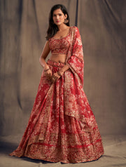 Coral Pink Floral Lehenga Choli with Gold Embroidery