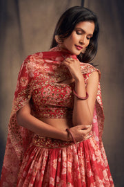 Coral Pink Floral Lehenga Choli with Gold Embroidery