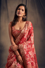 Coral Pink Floral Lehenga Choli with Gold Embroidery
