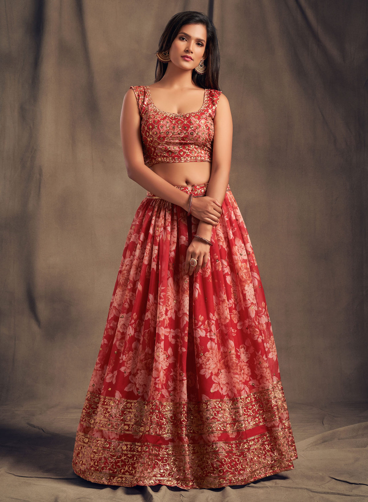 Coral Pink Floral Lehenga Choli with Gold Embroidery