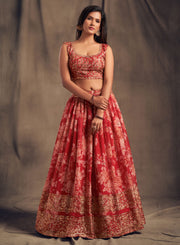 Coral Pink Floral Lehenga Choli with Gold Embroidery