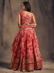 Coral Pink Floral Lehenga Choli with Gold Embroidery