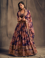 Purple Floral Lehenga Choli with Peach Embroidery and Gold Border