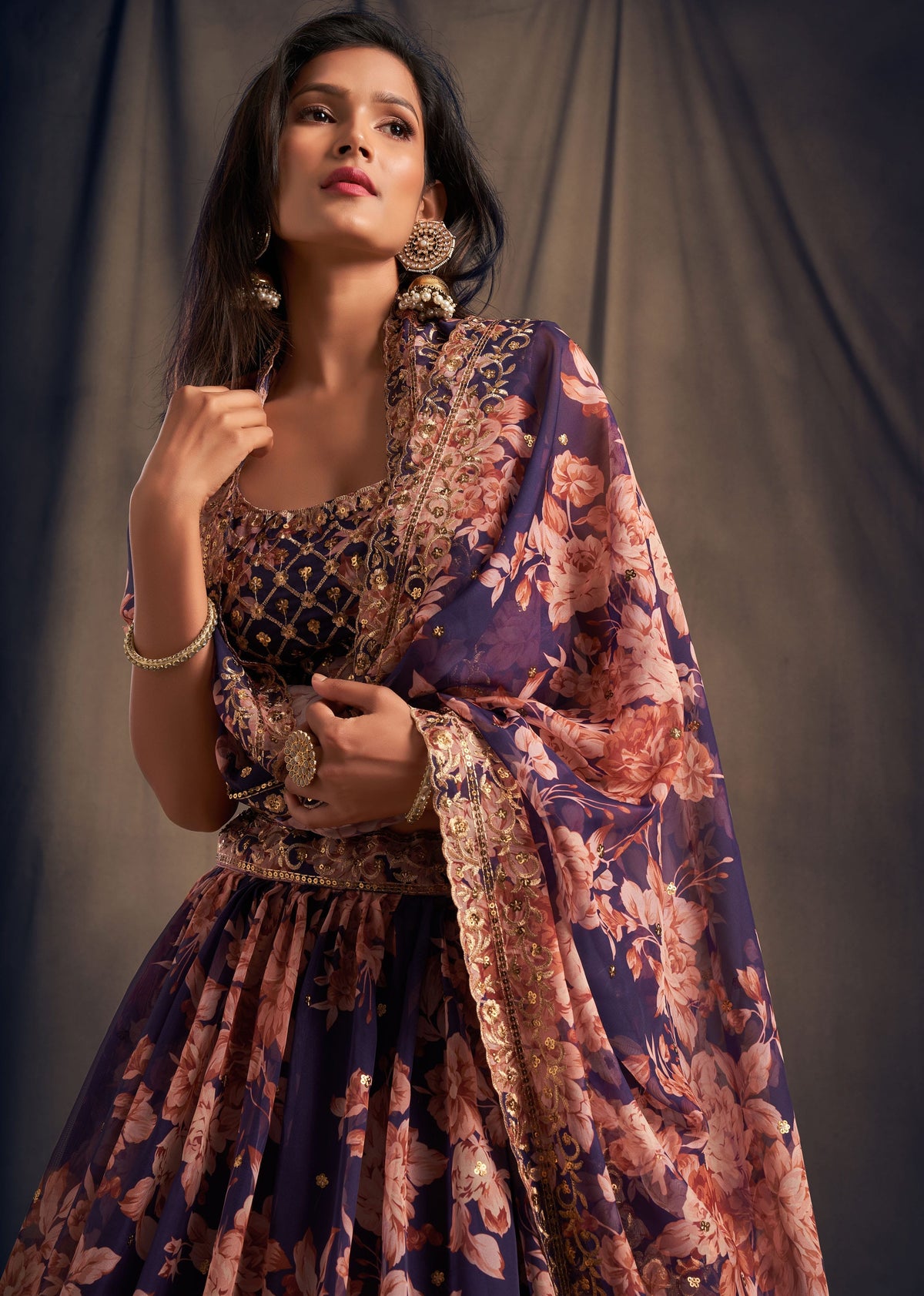 Purple Floral Lehenga Choli with Peach Embroidery and Gold Border