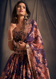 Purple Floral Lehenga Choli with Peach Embroidery and Gold Border