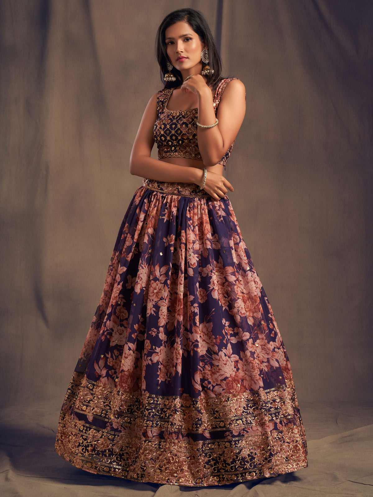 Purple Floral Lehenga Choli with Peach Embroidery and Gold Border