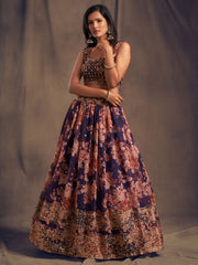 Purple Floral Lehenga Choli with Peach Embroidery and Gold Border