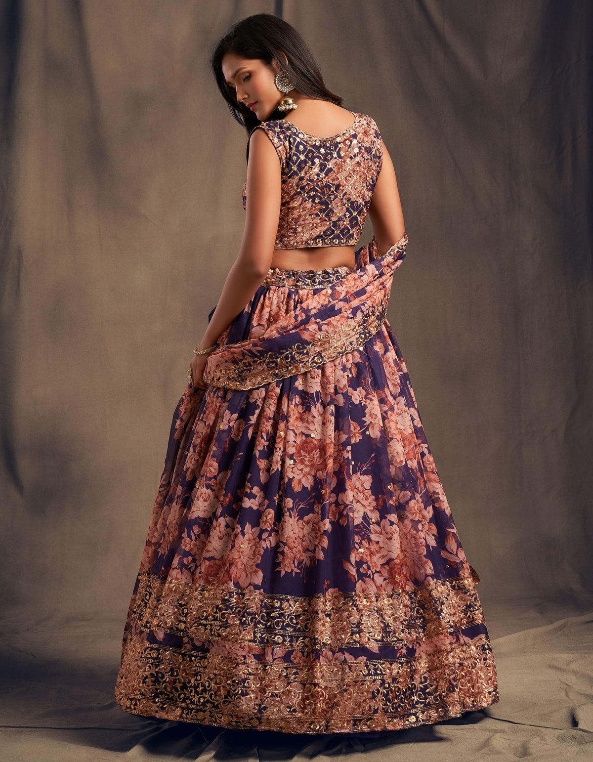 Purple Floral Lehenga Choli with Peach Embroidery and Gold Border