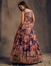 Purple Floral Lehenga Choli with Peach Embroidery and Gold Border