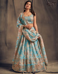 Sky Blue Floral Lehenga Choli with Gold Embroidery and Dupatta
