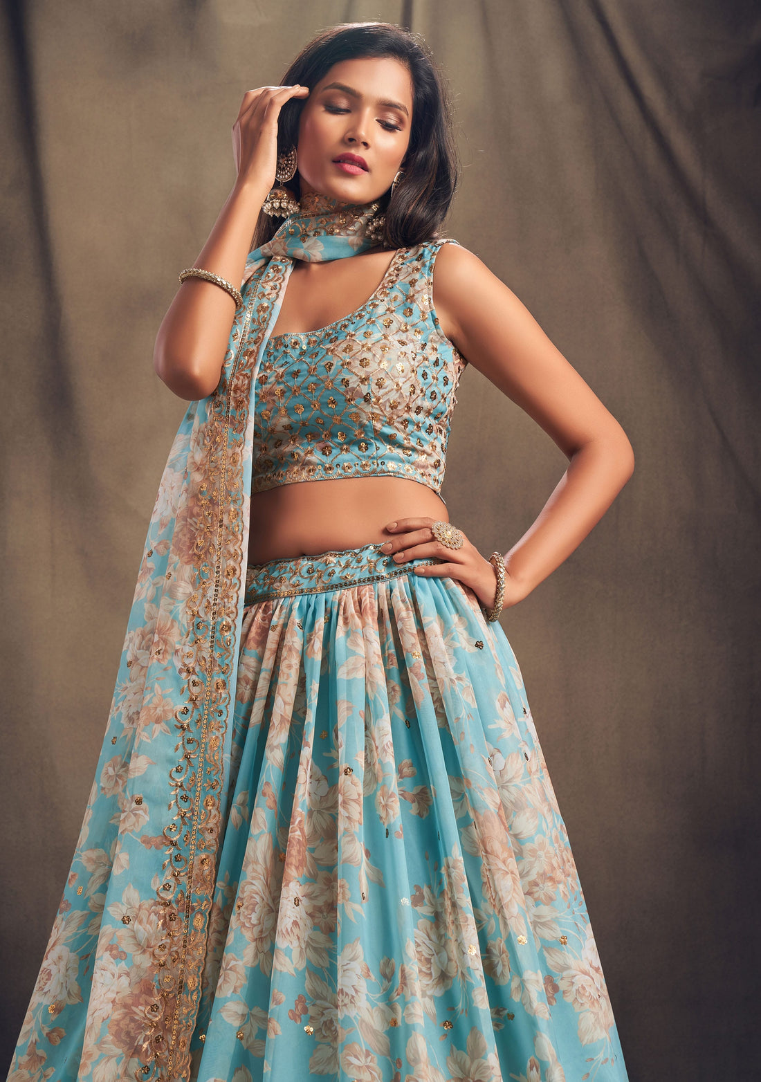 Sky Blue Floral Lehenga Choli with Gold Embroidery and Dupatta