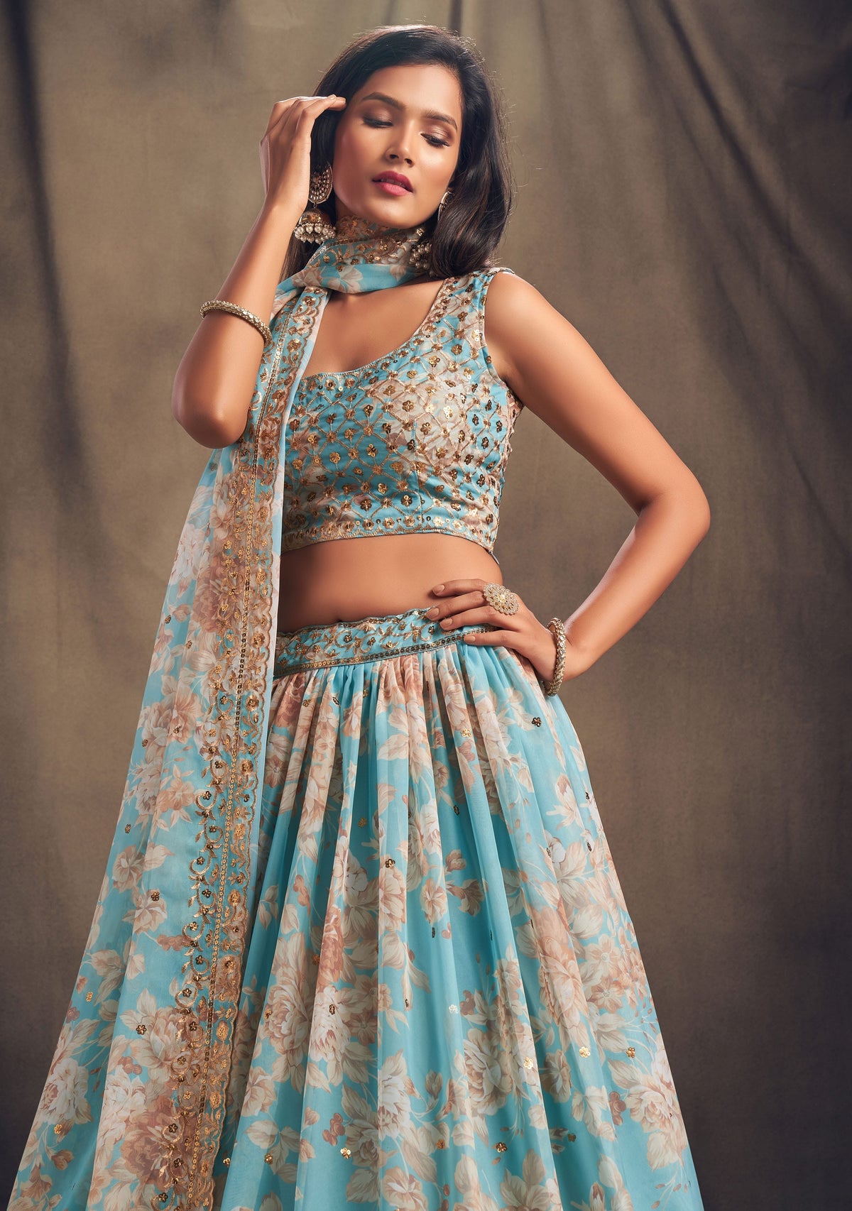 Sky Blue Floral Lehenga Choli with Gold Embroidery and Dupatta