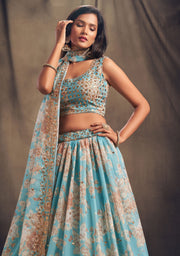 Sky Blue Floral Lehenga Choli with Gold Embroidery and Dupatta