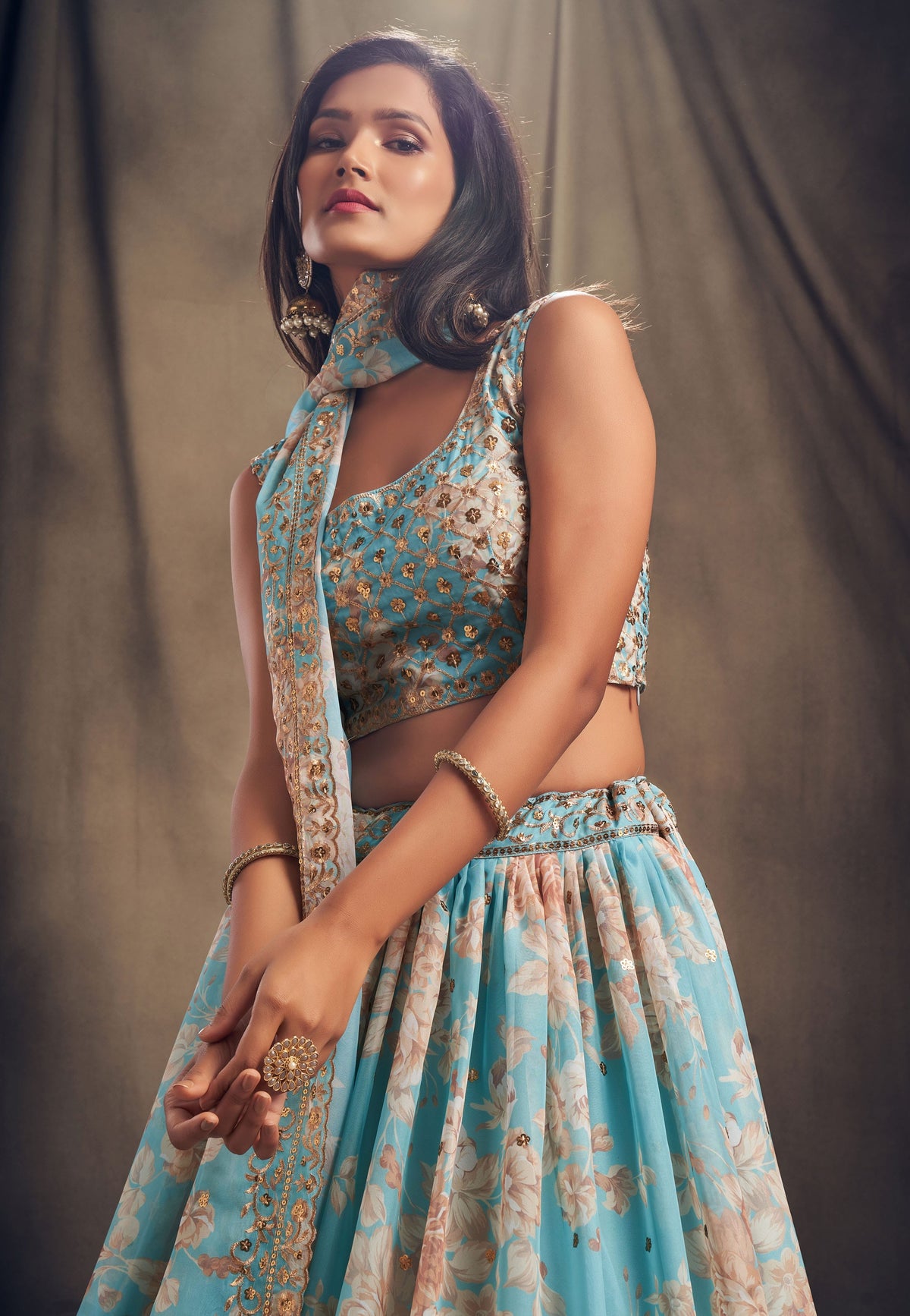 Sky Blue Floral Lehenga Choli with Gold Embroidery and Dupatta