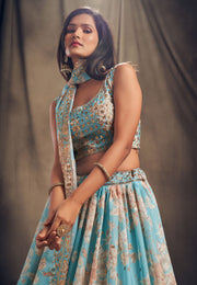 Sky Blue Floral Lehenga Choli with Gold Embroidery and Dupatta