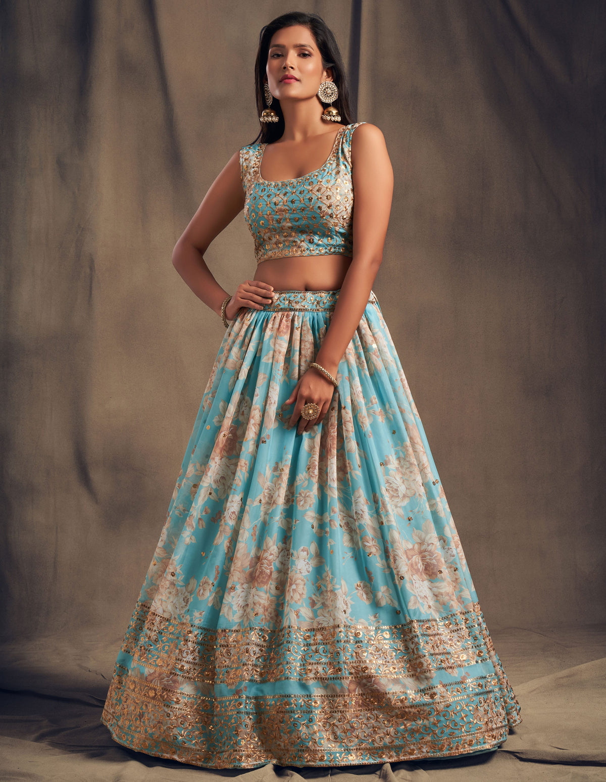 Sky Blue Floral Lehenga Choli with Gold Embroidery and Dupatta