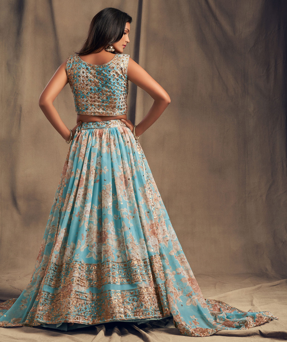 Sky Blue Floral Lehenga Choli with Gold Embroidery and Dupatta