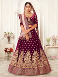 Wine Purple Gold Embroidered Bridal Lehenga Choli with Pink Dupatta