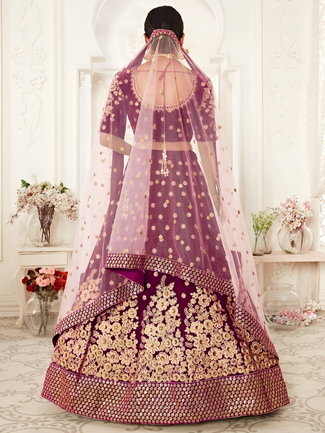 Wine Purple Gold Embroidered Bridal Lehenga Choli with Pink Dupatta