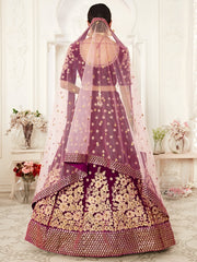 Wine Purple Gold Embroidered Bridal Lehenga Choli with Pink Dupatta