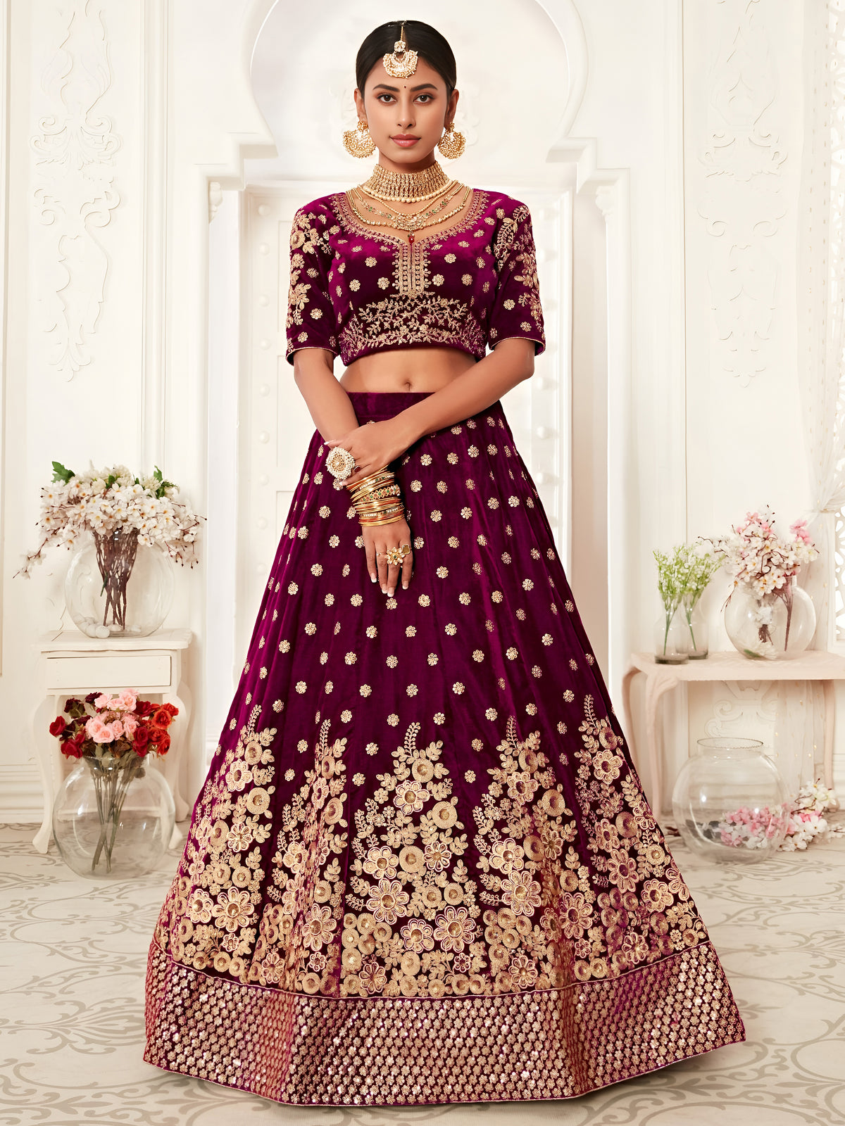 Wine Purple Gold Embroidered Bridal Lehenga Choli with Pink Dupatta