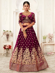 Wine Purple Gold Embroidered Bridal Lehenga Choli with Pink Dupatta