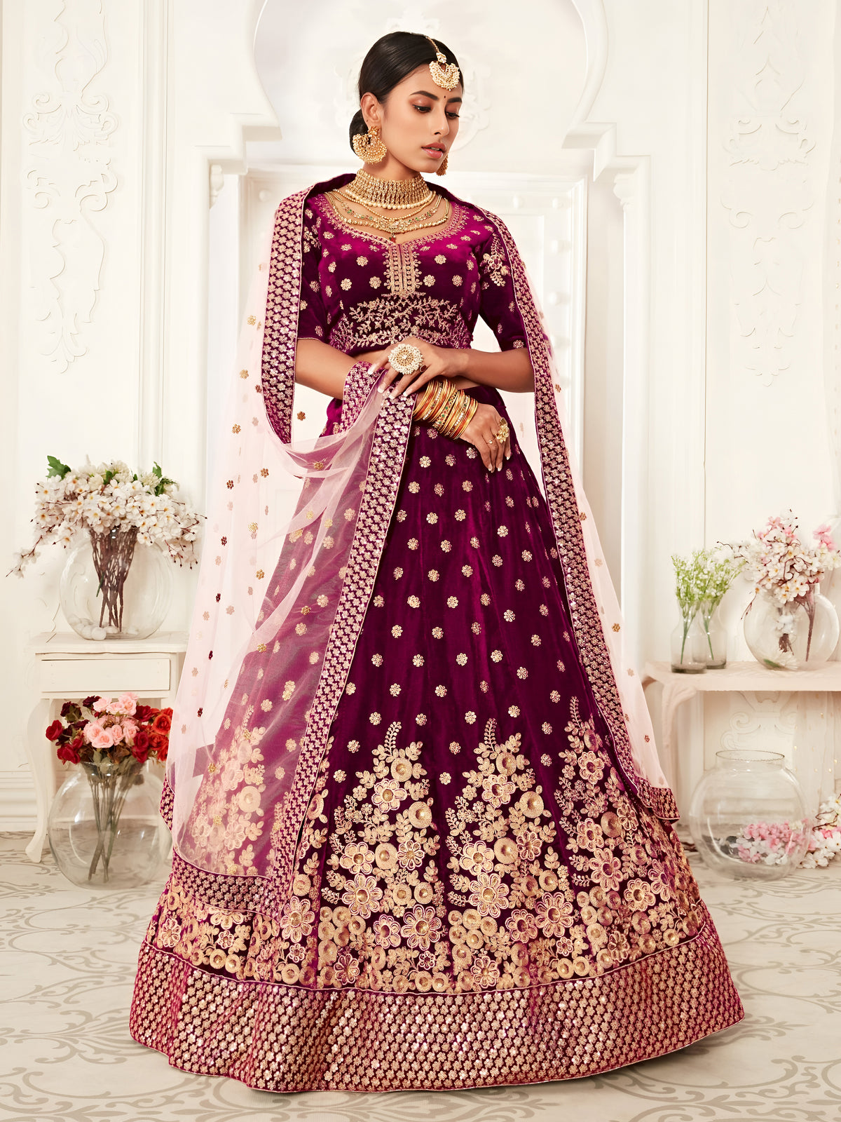 Wine Purple Gold Embroidered Bridal Lehenga Choli with Pink Dupatta