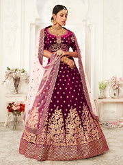 Wine Purple Gold Embroidered Bridal Lehenga Choli with Pink Dupatta