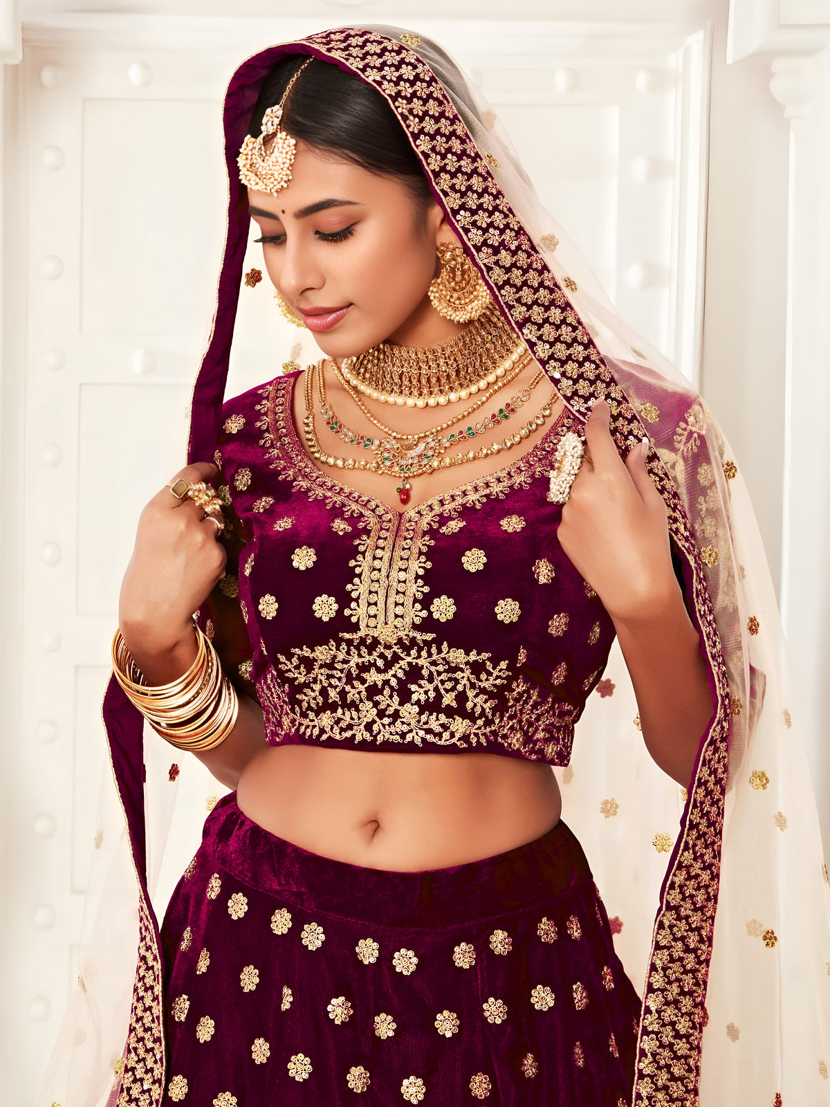 Wine Purple Gold Embroidered Bridal Lehenga Choli with Pink Dupatta