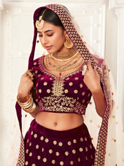 Wine Purple Gold Embroidered Bridal Lehenga Choli with Pink Dupatta