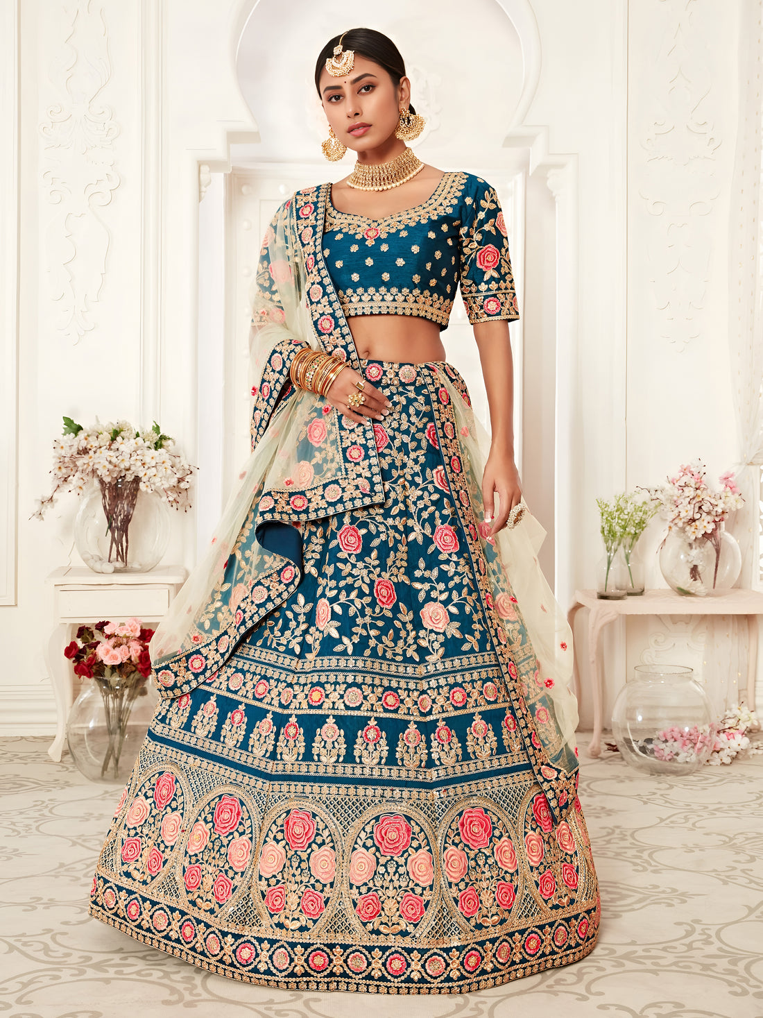 Navy Blue Floral Embroidered Bridal Lehenga Choli with Pink Dupatta