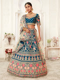 Navy Blue Floral Embroidered Bridal Lehenga Choli with Pink Dupatta