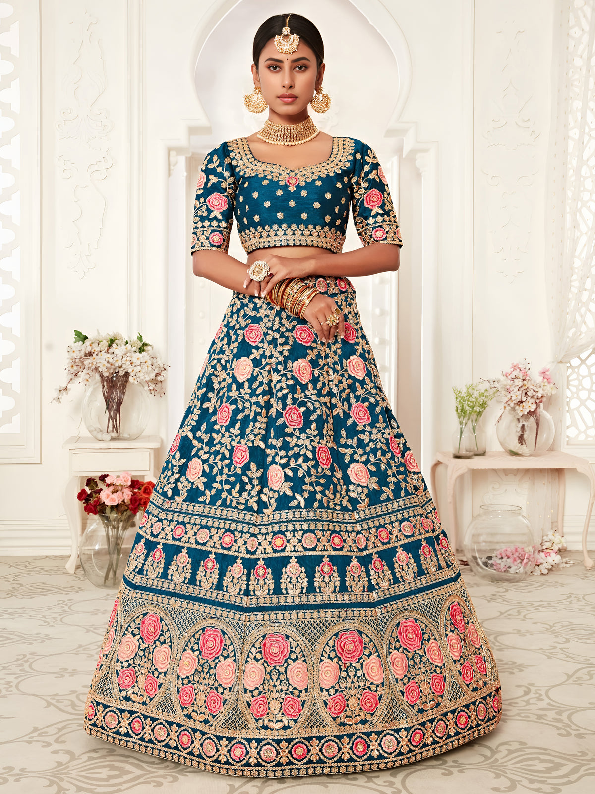 Navy Blue Floral Embroidered Bridal Lehenga Choli with Pink Dupatta