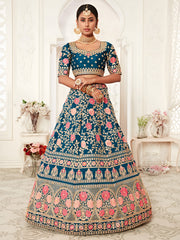 Navy Blue Floral Embroidered Bridal Lehenga Choli with Pink Dupatta