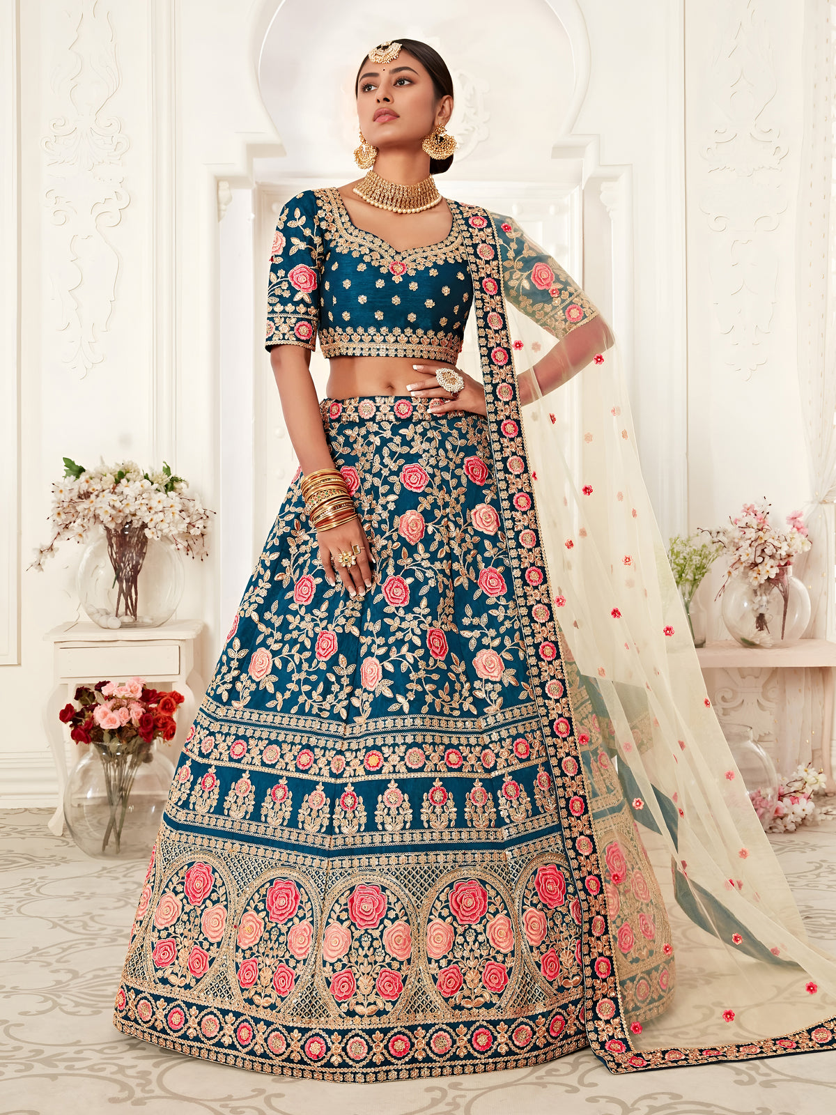 Navy Blue Floral Embroidered Bridal Lehenga Choli with Pink Dupatta