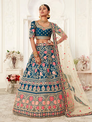 Navy Blue Floral Embroidered Bridal Lehenga Choli with Pink Dupatta