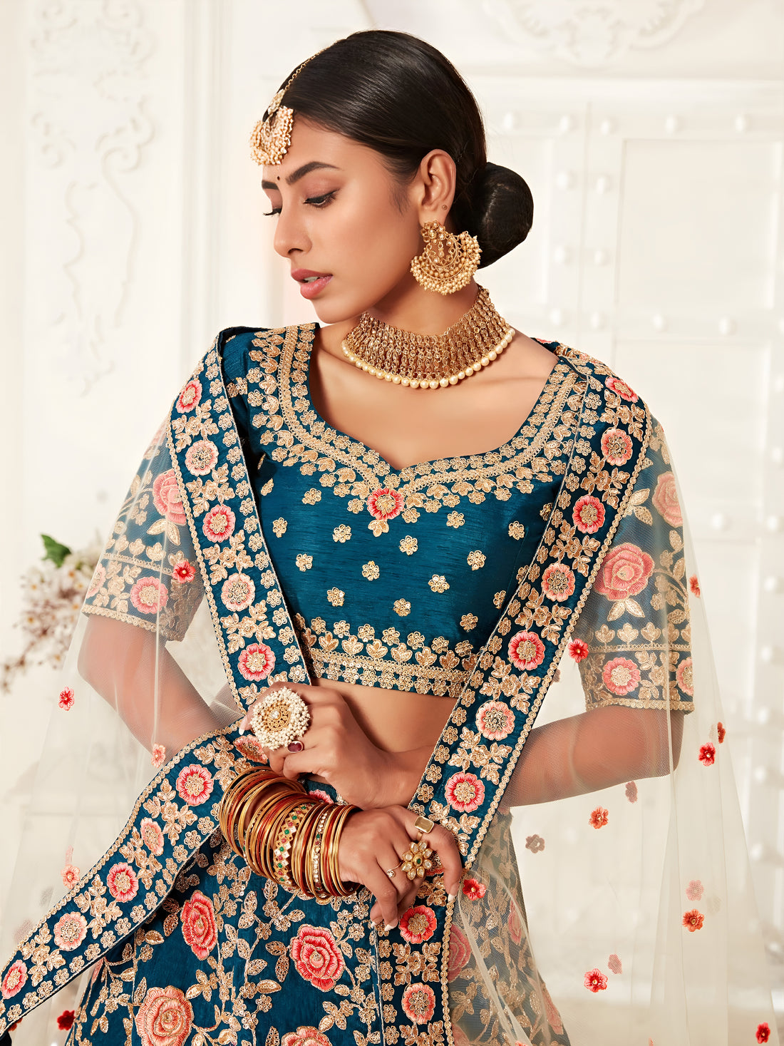 Navy Blue Floral Embroidered Bridal Lehenga Choli with Pink Dupatta