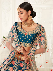 Navy Blue Floral Embroidered Bridal Lehenga Choli with Pink Dupatta