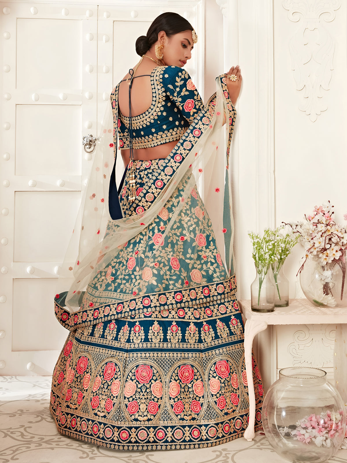 Navy Blue Floral Embroidered Bridal Lehenga Choli with Pink Dupatta